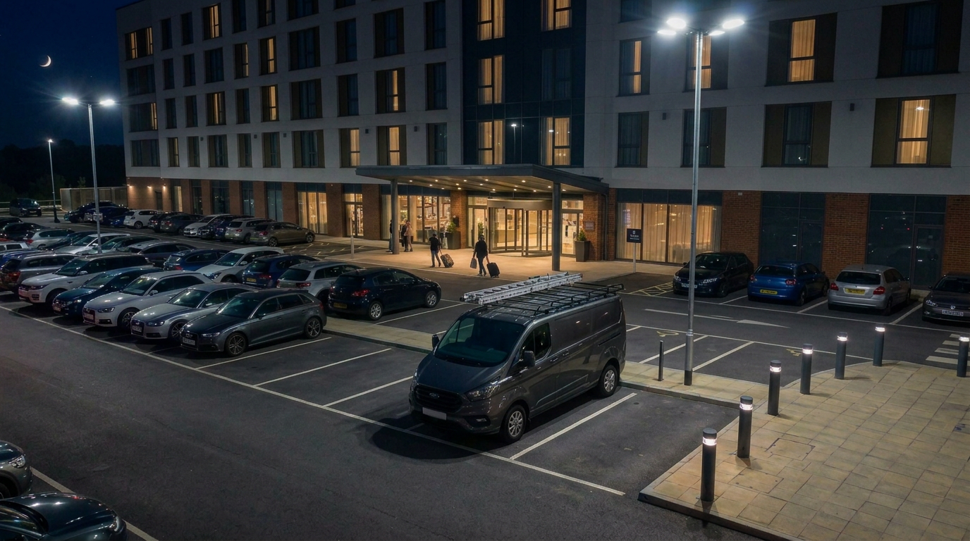 Van parked on a driveway at dusk